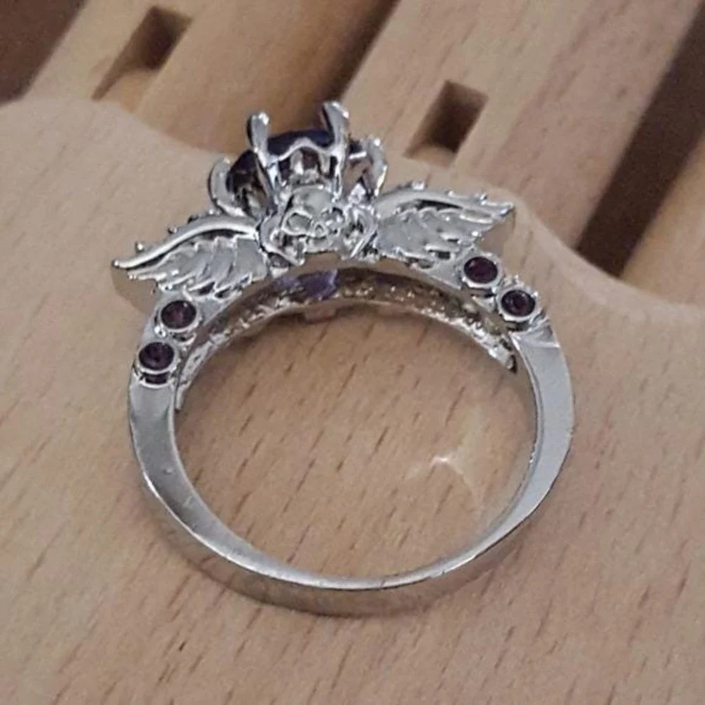 Y2K Gothic Skull Winged‎ Gemstone Ring Silver Tone Womens Statement Jewelry NEW